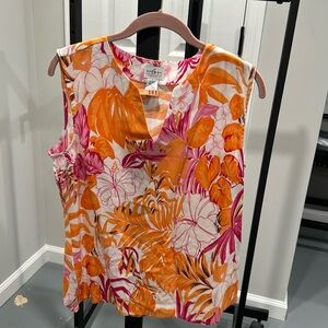 Ladies tropical print linen feel top.